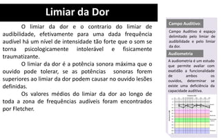 Limiar da Dor
                                                            Campo Auditivo:
        O limiar da dor e o contrario do limiar de
                                                            Campo Auditivo é espaço
audibilidade, efetivamente para uma dada frequência         delimitado pelo limiar de
audível há um nível de intensidade tão forte que o som se   audibilidade e pelo limiar
                                                            da dor.
torna psicologicamente intolerável e fisicamente
                                                            Audiometria
traumatizante.
                                                            A audiometria é um estudo
        O limiar da dor é a potência sonora máxima que o    que permite avaliar com
ouvido pode tolerar, se as potências sonoras forem          exatidão a funcionalidade
                                                            de       ambos         os
superiores ao limiar da dor podem causar no ouvido lesões   ouvidos, determinar se
definidas.                                                  existe uma deficiência da
                                                            capacidade auditiva.
        Os valores médios do limiar da dor ao longo de
toda a zona de frequências audíveis foram encontrados
por Fletcher.
 