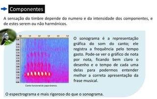 Componentes
A sensação do timbre depende do numero e da intensidade dos componentes, e
de estes serem ou não harmónicos.


                                            O sonograma é a representação
                                            gráfica do som do canto; ele
                                            registra a frequência pelo tempo
                                            gasto. Pode-se ver o gráfico de nota
                                            por nota, ficando bem claro o
                                            desenho e o tempo de cada uma
                                            delas para podermos entender
                                            melhor a correta apresentação da
                                            frase musical.
          Canto funcional do papo-branco.



O espectrograma e mais rigoroso do que o sonograma.
 