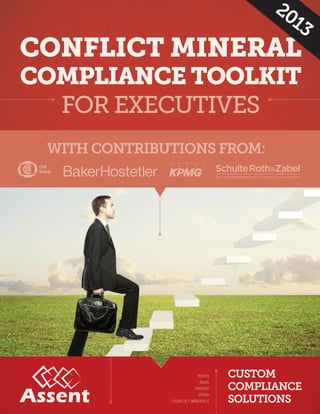 FOR EXECUTIVES 
CONFLICT MINERAL 
COMPLIANCE TOOLKIT 
WITH CONTRIBUTIONS FROM: 
CUSTOM 
COMPLIANCE 
SOLUTIONS 
REACH 
RoHS 
PROP65 
CPSIA 
CONFLICT MINERALS 
2013 
 