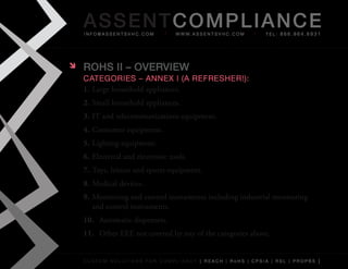 AS SENTCOM PLIANCE
    info@assentsvhc.com            w w w. a s s e n t s v h c . c o m   tel: 866.964.6931




   ROHS II – OvERvIEw
    categories – annex i (a refresher!):
    1. Large	household	appliances.
    2. Small	household	appliances.
    3. IT	and	telecommunications	equipment.
    4. Consumer	equipment.
    5. Lighting	equipment.
    6. Electrical	and	electronic	tools.
    7. Toys,	leisure	and	sports	equipment.
    8. Medical	devices.
    9. Monitoring	and	control	instruments	including	industrial	monitoring	
       and	control	instruments.
    10. Automatic	dispensers.
    11. Other	EEE	not	covered	by	any	of	the	categories	above.


    custom solutions for compliancy [ reach | rohs | cpsia | rsl | prop65 ]
 