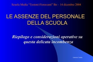 LE ASSENZE DEL PERSONALE DELLA SCUOLA ,[object Object],Gabriele Taddia Scuola Media “Testoni-Fioravanti” Bo – 14 dicembre 2004 