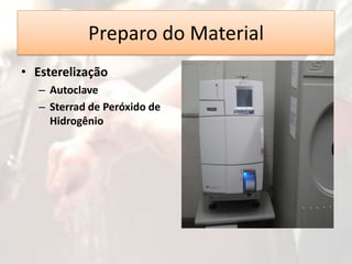Preparo do Material
• Esterelização
– Autoclave
– Sterrad de Peróxido de
Hidrogênio

 