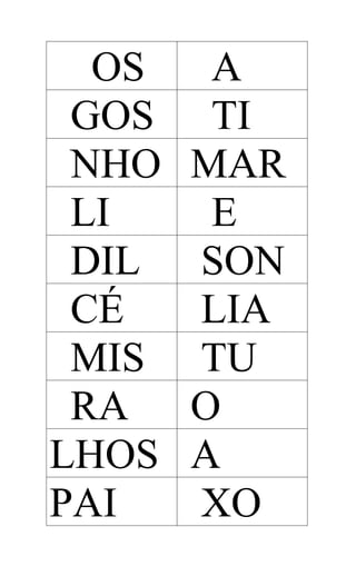 OS
GOS
NHO
LI
DIL
CÉ
MIS
RA
LHOS
PAI

A
TI
MAR
E
SON
LIA
TU
O
A
XO

 