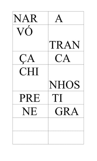NAR
VÓ
ÇA
CHI

A
TRAN
CA

NHOS
PRE TI
NE
GRA

 