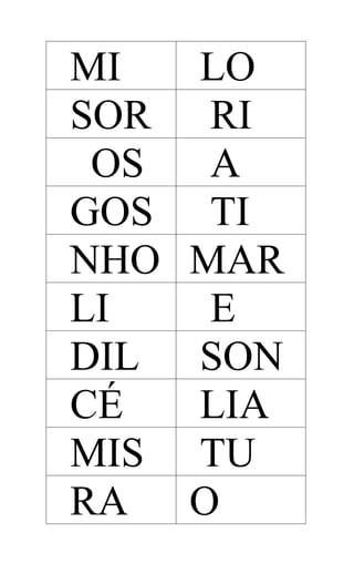 MI
SOR
OS
GOS
NHO
LI
DIL
CÉ
MIS
RA

LO
RI
A
TI
MAR
E
SON
LIA
TU
O

 