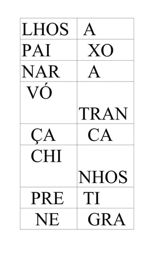 LHOS A
PAI
XO
NAR
A
VÓ
TRAN
ÇA
CA
CHI
NHOS
PRE TI
NE
GRA

 