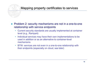 Mapping property certificates to services



● Problem 2: security mechanisms are not in a one-to-one
  relationship with service endpoints
   • Current security standards are usually implemented at container
     level (e.g., Rampart)
   • Individual services may have their own implementations to be
     used in addition or as an alternative to container-level
     mechanisms
   • BTW: services are not even in a one-to-one relationship with
     their endpoints (especially on cloud, see later)




        Doctoral School – Security Patterns for ITC Infrastructures,   14
        March-April 2011
 