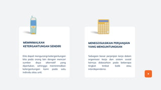 MEMINIMALKAN
KETERGANTUNGAN SENDIRI
Kita dapat mengurangi ketergantungan
kita pada orang lain dengan mencari
sumber daya alternatif yang
diperlukan, sehingga meminimalkan
ketergantungan kami pada satu
individu atau unit.
MENEGOSIASIKAN PERJANJIAN
YANG MENGUNTUNGKAN
Sebagian besar perjanjian kerja dalam
organisasi kerja dan sistem sosial
lainnya didasarkan pada beberapa
tingkat timbal balik atau
interdependensi.
 