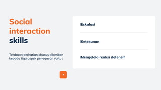 Eskalasi
Ketekunan
Mengelola reaksi defensif
Social
interaction
skills
Terdapat perhatian khusus diberikan
kepada tiga aspek penegasan yaitu :
 