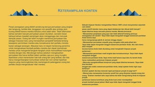 KETERAMPILAN KONTEN
25%
Pesan penegasan yang efektif cenderung berupa pernyataan yang singkat
dan langsung. bertele-tele, tanggapan non-spesifik atau ambigu jauh
kurang efektif karena mereka terbuka untuk salah tafsir. Telah ditemukan
bahwa semakin banyak pernyataan pesan diuraikan, semakin besar
bahaya bahwa masalah sampingan akan mengganggu dan merusak
dampak pesan. Orang lain lebih mungkin menerima pernyataan kita
sebagai masukan baru yang menawarkan perspektif berbeda tentang
kewajaran permintaan mereka atau konsekuensi dari perilaku mereka.
bukan sebagai serangan. Masukan baru ini dapat mendorong penerima
untuk mengevaluasi kembali perilaku mereka dan dapat memotivasi
mereka untuk mengambil langkah-langkah untuk memodifikasi hubungan
mereka dengan kita. Mendengar bahwa sebelum mengeluarkan
pernyataan kita harus terlibat dalam perilaku apa pun yang mungkin
diperlukan untuk menentukan hak-hak orang lain yang terlibat, dan kita
harus mengembangkan komunikasi verbal dan non-verbal repertoar
respons yang memungkinkan kita memengaruhi pelanggaran orang lain
perilaku tanpa mengevaluasi 'nilai' mereka.
Sebuah tinjauan literatur mengarahkan Rakos (1997) untuk menyarankan sejumlah
cara dalam
pesan asertif standar mana yang dapat dielaborasi dan dibuat lebih banyak?
dapat diterima tanpa merusak potensi mereka. Mereka termasuk:
• Menawarkan penjelasan yang jujur ​​dan tidak defensif tentang perlunya
menegaskan diri sendiri: 'Saya tidak dapat mengubah tanggal wawancara penilaian
Anda karena saya
harus mengunjungi pabrik di Jerman minggu depan.’
• Menawarkan pernyataan empatik yang mengakui efek pada pihak lain:
'Saya tidak dapat mengubah tanggal wawancara penilaian Anda. Aku tahu kamu
akan menjadi
kecewa karena Anda telah diundang untuk menghadiri tinjauan proyek
pertemuan.'
• Menawarkan permintaan maaf singkat atas konsekuensinya: 'Saya tidak dapat
mengubah tanggal
wawancara penilaian Anda. Saya minta maaf karena saya tahu itu berarti Anda
harus melewatkan pertemuan tinjauan proyek.’
• Mencoba mengidentifikasi kompromi yang dapat diterima bersama: 'Saya tidak
bisa berubah'
tanggal atau waktu wawancara penilaian Anda, tetapi apakah Anda ingin saya
bertanya?
Graham apakah dia bisa memulai rapat peninjauan proyek di pagi hari?’
• Memuji atau menawarkan komentar positif lain yang ditujukan kepada orang lain
orang: 'Graham memberi tahu saya bahwa dia telah mengundang Anda ke tinjauan
proyek
pertemuan karena kontribusi yang Anda buat untuk mendapatkan
proyek kembali sesuai jadwal. Maaf saya tidak dapat mengubah tanggal Anda
wawancara penilaian.
 