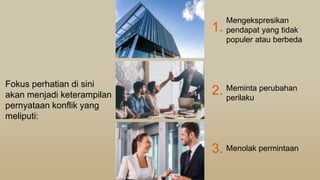 Fokus perhatian di sini
akan menjadi keterampilan
pernyataan konflik yang
meliputi:
Mengekspresikan
pendapat yang tidak
populer atau berbeda
Meminta perubahan
perilaku
Menolak permintaan
1.
2.
3.
 