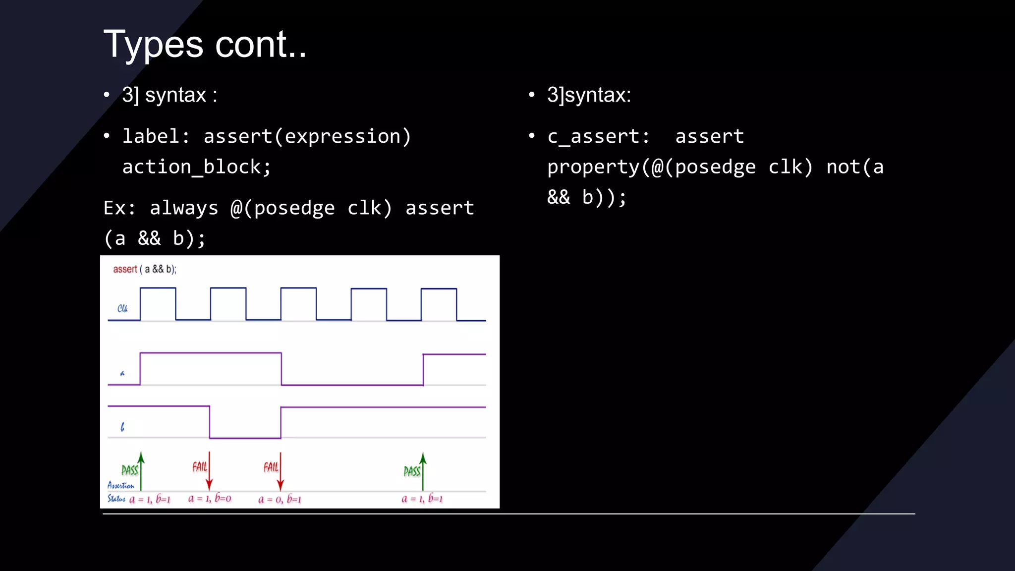 Types cont..
• 3] syntax :
• label: assert(expression)
action_block;
Ex: always @(posedge clk) assert
(a && b);
• 3]syntax:
• c_assert: assert
property(@(posedge clk) not(a
&& b));
 