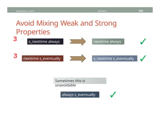 Avoid Mixing Weak and Strong
Properties
November 4, 2013 HVC2013 101
s_nexttime always
p
nexttime always
p
nexttime s_eventually
p
s_nexttime s_eventually
p
Sometimes this is
unavoidable
always s_eventually
p
³
³
✓
✓
✓
 
