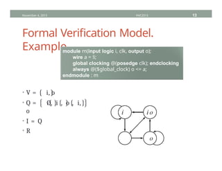Formal Verification Model.
Example
• V = i, o
• Q = Ø, i , o , i,
o
• I = Q
• R
November 4, 2013 HVC2013 13
module m(input logic i, clk, output o);
wire a = !i;
global clocking @(posedge clk); endclocking
always @($global_clock) o <= a;
endmodule : m
 