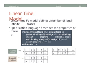 Linear Time
Model
• Linear time FV model defines a number of legal
infinite traces
• Specification language describes the properties of
these
trace
s
November 4, 2013 HVC2013 15
module m(input logic clk, i, output logic o);
global clocking @(posedge clk); endclocking
default clocking @$global_clock;
endclocking always @(posedge clk) o <= !i;
assert property (i |=> !o);
endmodule : m
i 0 0 1 1 …
o 0 1 1 0 …
i 0 1 0 1 …
o 1 1 0 1 …
i 0 0 1 1 …
o 0 0 1 1 …
Feasible
traces
Infeasibl
e trace
 
