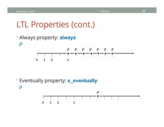 LTL Properties (cont.)
• Always property: always
p
• Eventually property: s_eventually
p
November 4, 2013 HVC2013 17
0 1 2 t
p p p p p p p
0 1 2 t
p
 