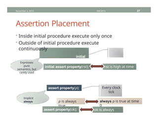 Assertion Placement
November 4, 2013 HVC2013 27
• Inside initial procedure execute only once
• Outside of initial procedure execute
continuously
initial
Once
assert property(p);
assert property(p); Every clock
tick
Expresses
pure
semantics, but
rarely used
initial assert property(rst);
p is always
true
rst is high at time
0
Implicit
always always p is true at time
0
assert property(ok); ok is always
high
 