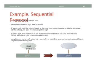 Example. Sequential
Protocol
November 4, 2013 HVC2013 83
dataI
n
dataOu
t
• Whenever start is high, dataIn is valid.
• Whenever complete is high, dataOut is valid.
• If start is high, then the value of dataIn at that time must equal the value of dataOut at the next
strictly subsequent cycle in which complete is high
• If start is high, then start must be low in the next cycle and remain low until after the next
strictly subsequent cycle in which complete is high
• complete may not be high unless start was high in a preceding cycle and complete was not high in
any of the intervening cycles
start
complete
 