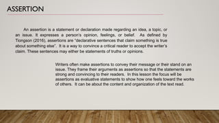 Assertation Definition different type of assertion Oral Communication Grade 11 Lesson | PPTX