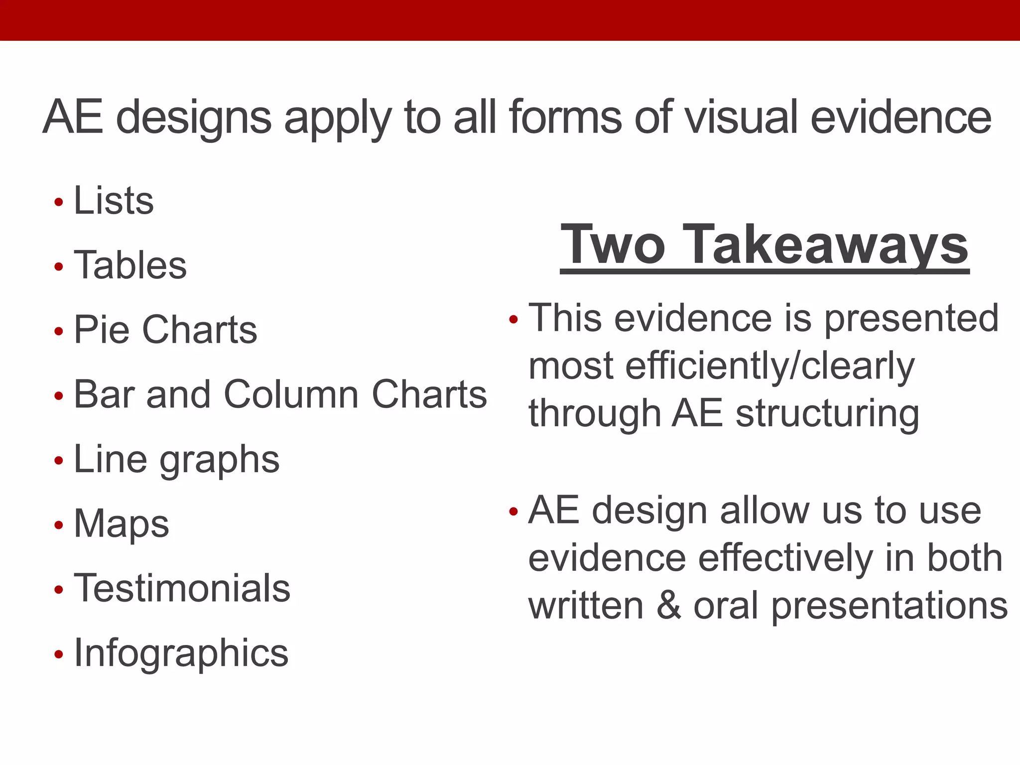 AE designs apply to all forms of visual evidence
• Lists
• Tables
• Pie Charts
• Bar and Column Charts
• Line graphs
• Maps
• Testimonials
• Infographics
Two Takeaways
• This evidence is presented
most efficiently/clearly
through AE structuring
• AE design allow us to use
evidence effectively in both
written & oral presentations
 