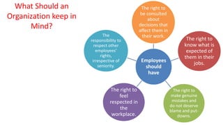 Employees
should
have
The right to
be consulted
about
decisions that
affect them in
their work.
The right to
know what is
expected of
them in their
jobs.
The right to
make genuine
mistakes and
do not deserve
blame and put-
downs.
The right to
feel
respected in
the
workplace.
The
responsibility to
respect other
employees’
rights,
irrespective of
seniority.
What Should an
Organization keep in
Mind?
 