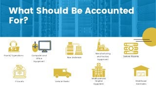 What Should Be Accounted
For?
Computer and
Office
Equipment
Raw Materials
Manufacturing
and Factory
Equipment
Server Rooms
IT Assets Vehicle Fleets
Healthcare and
Hospital
Equipment
Warehouse
Inventories
Plants/Operations
 