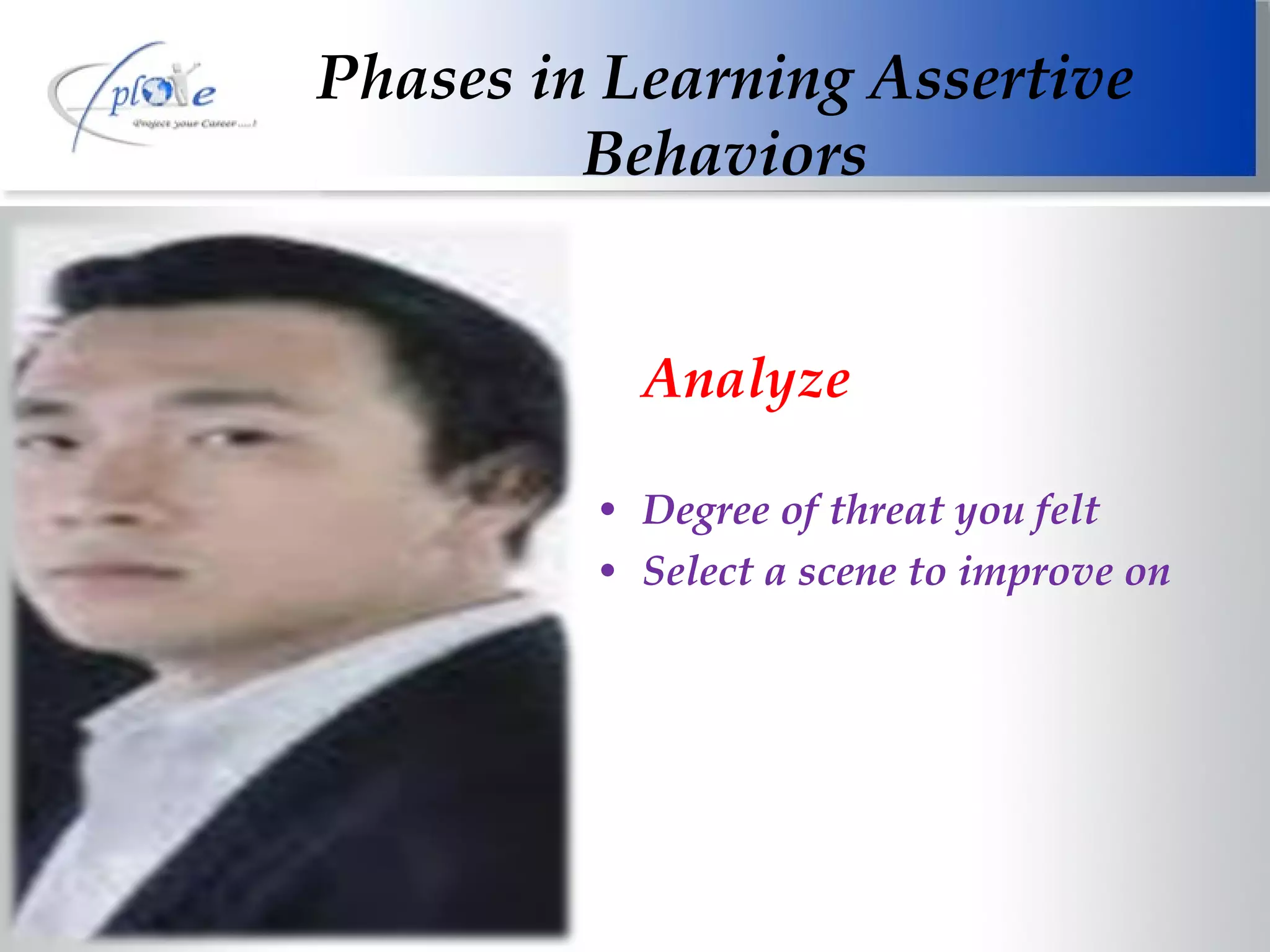Analyze Degree of threat you felt Select a scene to improve on Phases in Learning Assertive Behaviors 