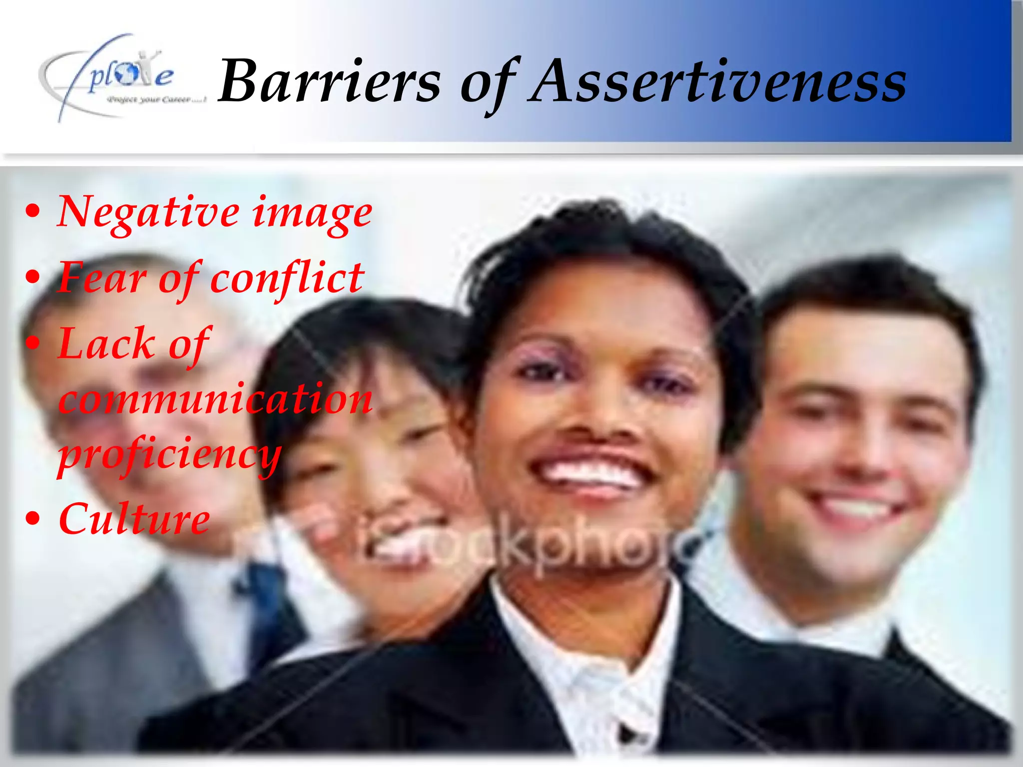 Barriers of Assertiveness Negative image Fear of conflict Lack of communication proficiency Culture 