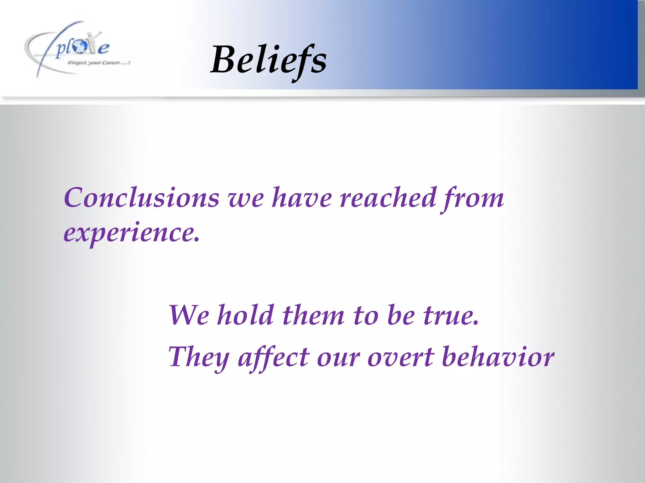 Beliefs Conclusions we have reached from experience. We hold them to be true. They affect our overt behavior 