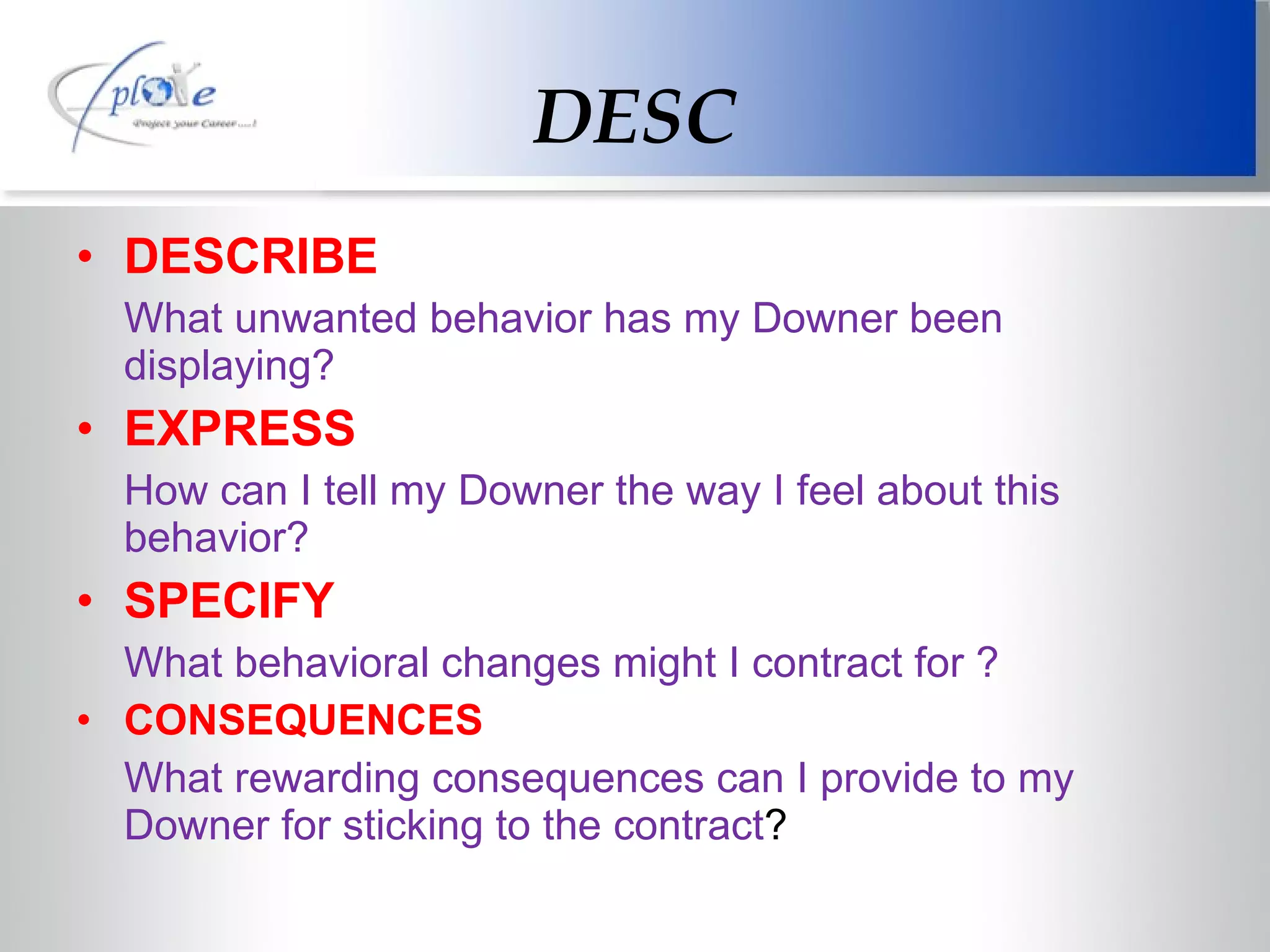 DESC DESCRIBE What unwanted behavior has my Downer been displaying? EXPRESS How can I tell my Downer the way I feel about this behavior? SPECIFY What behavioral changes might I contract for ? CONSEQUENCES What rewarding consequences can I provide to my Downer for sticking to the contract ? 