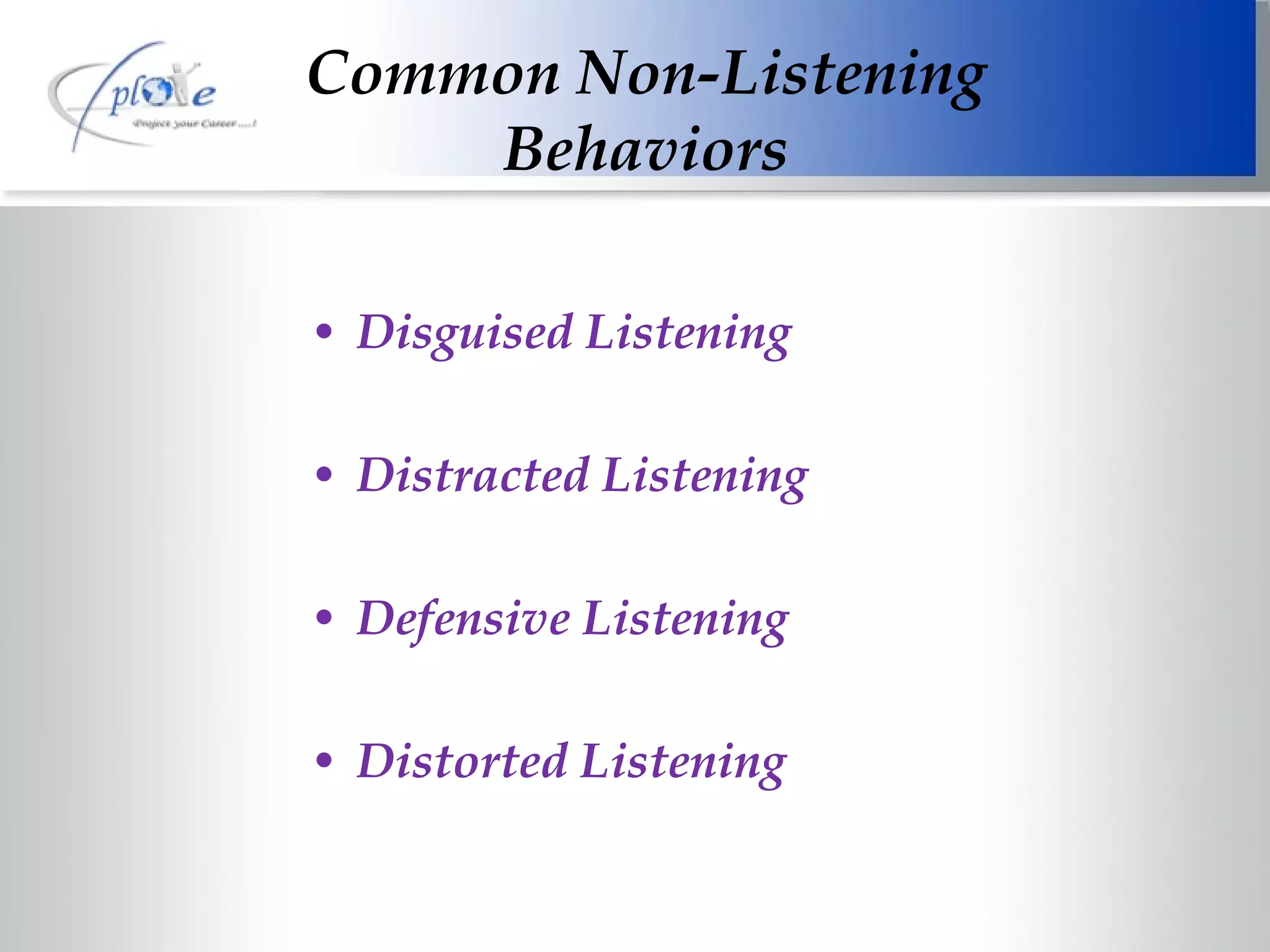 Common Non-Listening Behaviors Disguised Listening Distracted Listening Defensive Listening Distorted Listening 