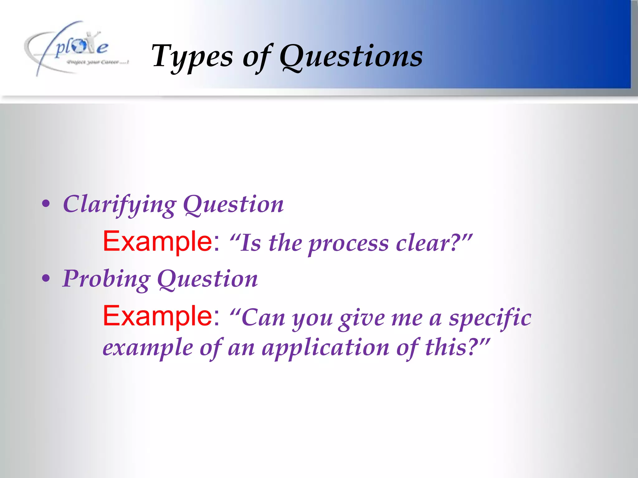 Types of Questions Clarifying Question Example :  “Is the process clear?” Probing Question Example :  “Can you give me a specific  example of an application of this?” 