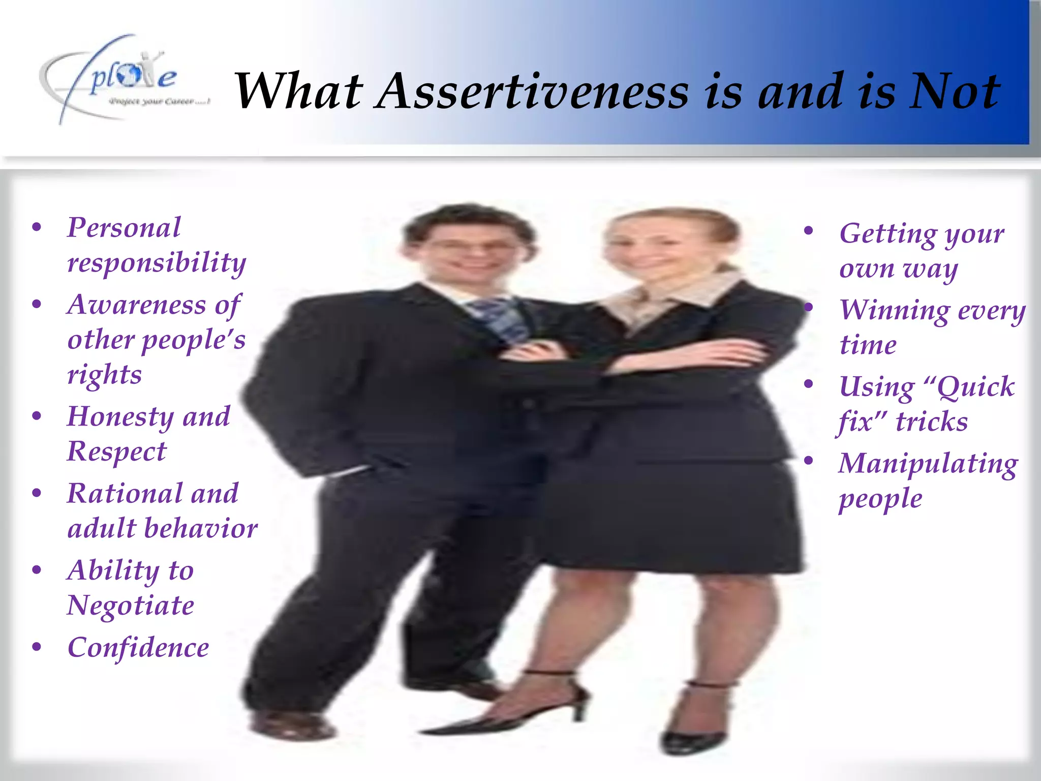 What Assertiveness is and is Not Personal responsibility Awareness of other people’s rights Honesty and Respect Rational and adult behavior Ability to Negotiate Confidence Getting your own way Winning every time Using “Quick fix” tricks Manipulating people 
