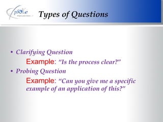 Types of Questions Clarifying Question Example :  “Is the process clear?” Probing Question Example :  “Can you give me a specific  example of an application of this?” 