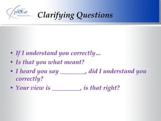 Clarifying Questions If I understand you correctly… Is that you what meant? I heard you say ________, did I understand you correctly? Your view is _________, is that right? 