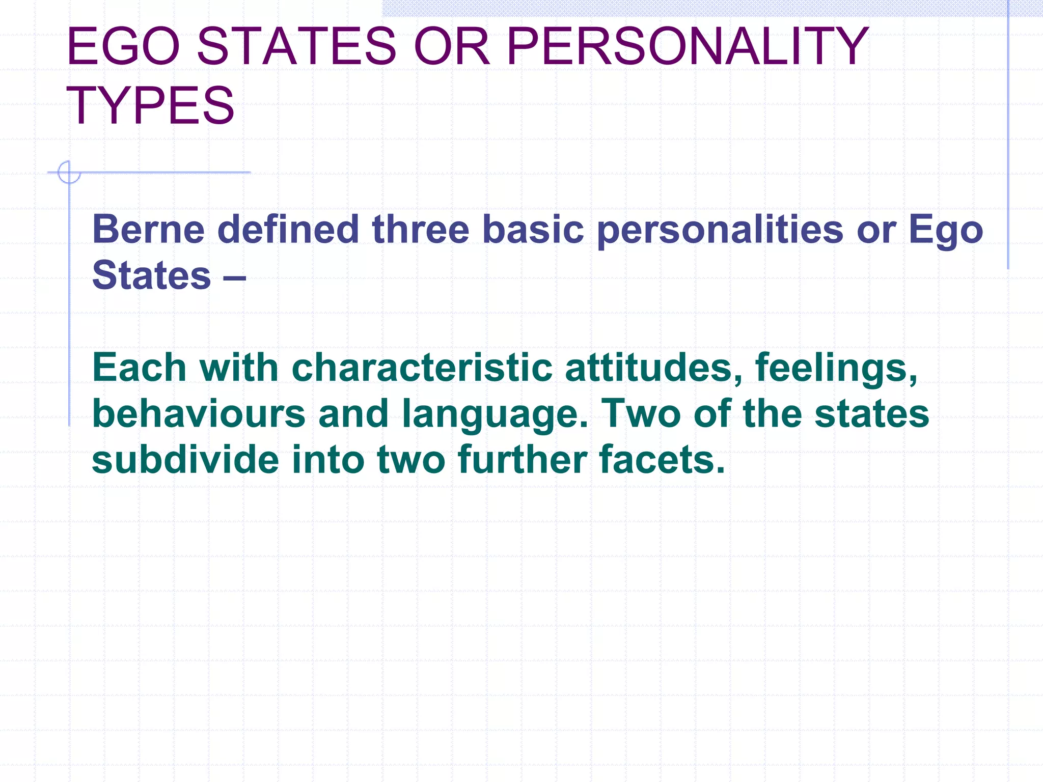 EGO STATES OR PERSONALITY TYPES Berne defined three basic personalities or Ego States – Each with characteristic attitudes, feelings, behaviours and language. Two of the states subdivide into two further facets.   