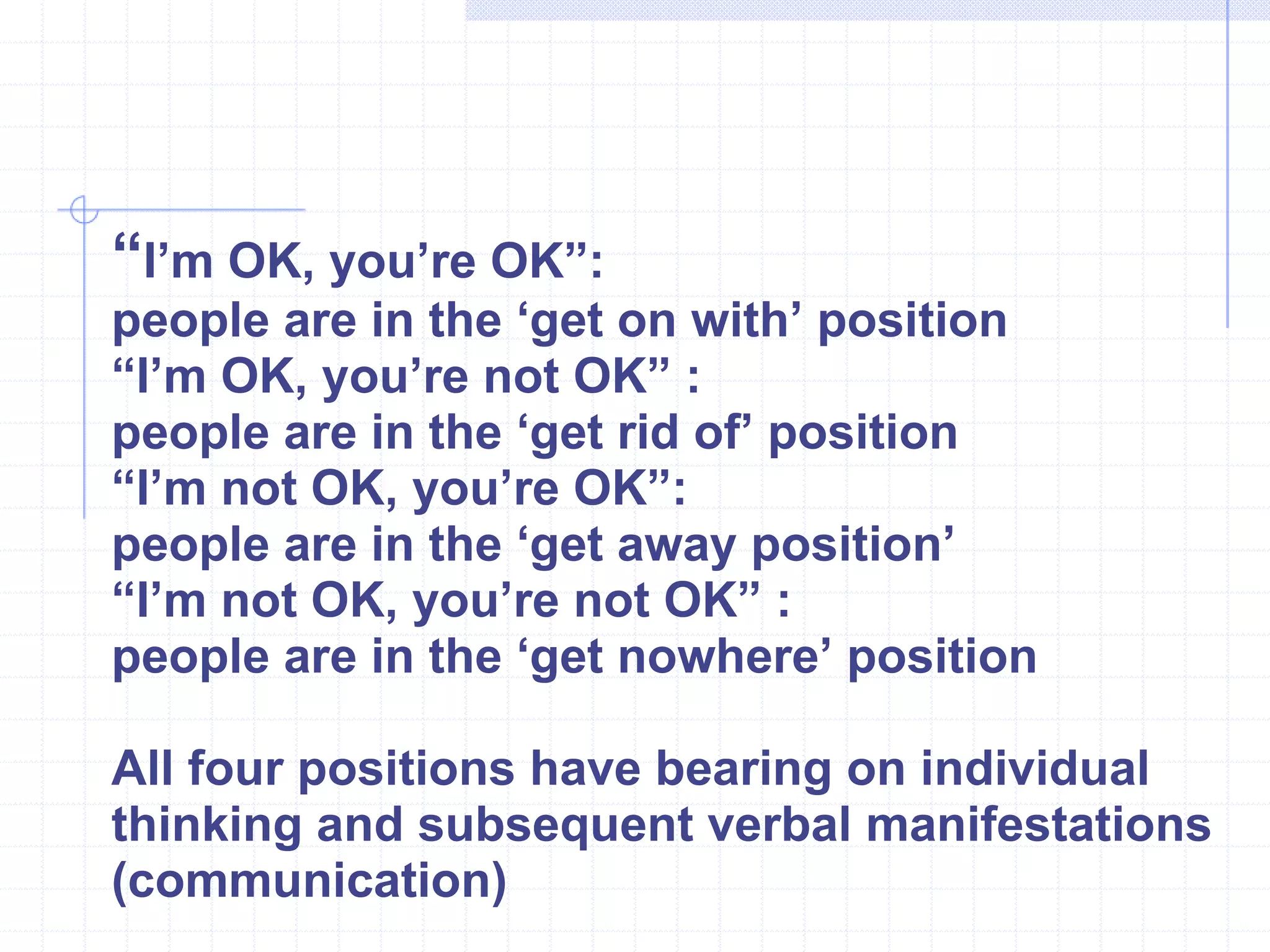 “ I’m OK, you’re OK”: people are in the ‘get on with’ position “ I’m OK, you’re not OK” : people are in the ‘get rid of’ position “ I’m not OK, you’re OK”: people are in the ‘get away position’ “ I’m not OK, you’re not OK” : people are in the ‘get nowhere’ position All four positions have bearing on individual thinking and subsequent verbal manifestations (communication) 