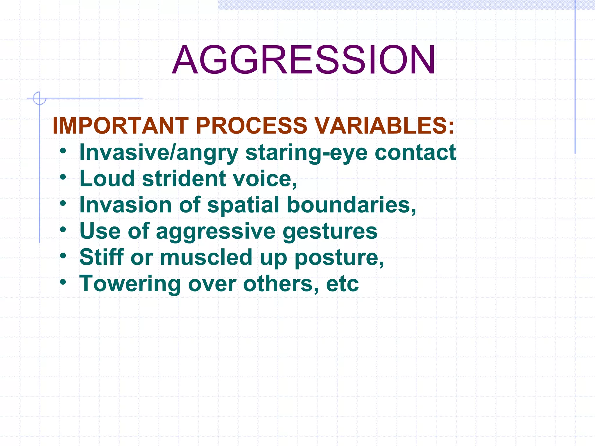 AGGRESSION  IMPORTANT PROCESS VARIABLES: Invasive/angry staring-eye contact Loud strident voice, Invasion of spatial boundaries, Use of aggressive gestures  Stiff or muscled up posture, Towering over others, etc 