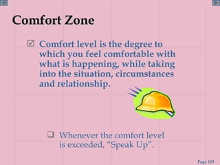 Comfort Zone Comfort level is the degree to which you feel comfortable with what is happening, while taking into the situation, circumstances and relationship. Whenever the comfort level is exceeded, “Speak Up”. 