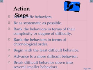 Action Steps List specific behaviors. Be as systematic as possible. Rank the behaviors in terms of their complexity or degree of difficulty. Rank the behaviors in terms of chronological order. Begin with the least difficult behavior. Advance to a more difficult behavior. Break difficult behavior down into several smaller behaviors. 