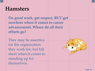 Hamsters Do good work, get respect, BUT get nowhere when it comes to career advancement. Where do all their efforts go?  They may be assertive for the organization they work for, but fall short when it comes to standing up for themselves. 
