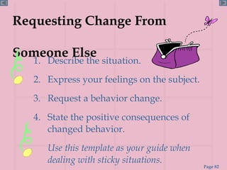 Requesting Change From  Someone Else 1.  Describe the situation. 2.  Express your feelings on the subject. 3.  Request a behavior change. 4.  State the positive consequences of  changed behavior. Use this template as your guide when dealing with sticky situations. 
