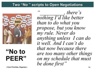 Two “No ” scripts to Open Negotiations

                                “_________, there’s
                                nothing I’d like better
                                than to do what you
                                propose, but you know
                                my rule. Never do
                                anything unless I can do
                                it well. And I can’t do
                                that now because there
“No to                          are too many other things
PEER”                           on my schedule that must
( from Prioritize, Organize )
                                be done first”         14
 