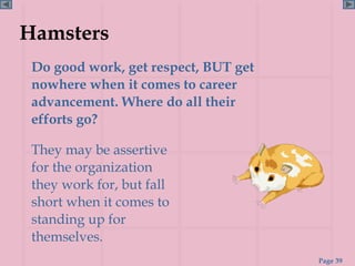 Hamsters
 Do good work, get respect, BUT get
 nowhere when it comes to career
 advancement. Where do all their
 efforts go?

 They may be assertive
 for the organization
 they work for, but fall
 short when it comes to
 standing up for
 themselves.
                                      Page 39
 