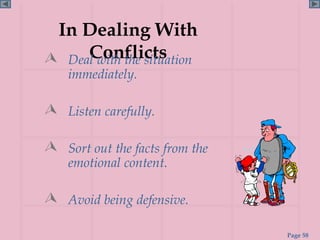 In Dealing With
     Conflicts
 Deal with the situation
    immediately.

 Listen carefully.

 Sort out the facts from the
    emotional content.

 Avoid being defensive.

                                Page 58
 