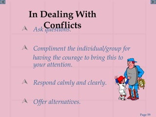 In Dealing With
 AskConflicts
     questions.

 Compliment the individual/group for
    having the courage to bring this to
    your attention.

 Respond calmly and clearly.

 Offer alternatives.
                                          Page 59
 