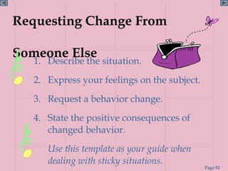 Requesting Change From

Someone Else
   1. Describe the situation.
   2. Express your feelings on the subject.
   3. Request a behavior change.
   4. State the positive consequences of
      changed behavior.
      Use this template as your guide when
      dealing with sticky situations.
                                              Page 82
 