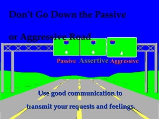 Don’t Go Down the Passive

or Aggressive Road

            Passive   Assertive Aggressive



      Use good communication to
   transmit your requests and feelings.
                                             Page 89
 