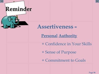 Reminder


           Assertiveness =
            Personal Authority
            + Confidence in Your Skills
            + Sense of Purpose
            + Commitment to Goals

                                     Page 96
 