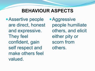 BEHAVIOUR ASPECTS
 Assertive people

are direct, honest
and expressive.
They feel
confident, gain
self respect and
make others feel
valued.

 Aggressive

people humiliate
others, and elicit
either pity or
scorn from
others.

 